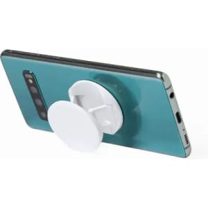 A phone grip stand in white attached to a teal phone, featuring a circular design. The phone has a brand logo.