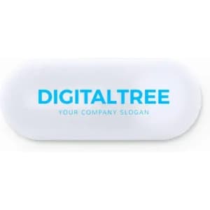 A white promotional item with a blue logo and text, featuring a smooth, rounded design.