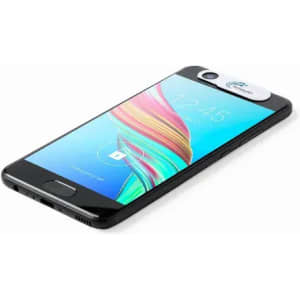 A smartphone with a black body and a vibrant touchscreen display, featuring a logo on the top.