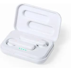 A white earbud case with earbuds inside, featuring charging lights and a compact design.