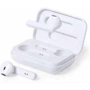 A set of white wireless earbuds with a matching charging case. The case is closed with two earbuds inside.