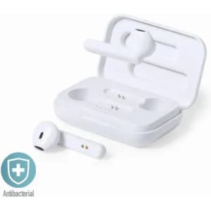 A pair of white wireless earbuds with a charging case, featuring a logo and an antibacterial badge.