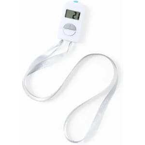 A digital temperature gauge with a white casing and a silver ribbon attached, displaying a reading of 21 degrees.