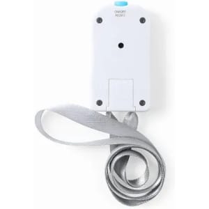 A device with a white body and a long, grey ribbon attached, featuring a button and a logo on the back.