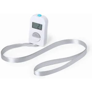 A digital measuring tape in white and silver, featuring a screen display and a blue button.