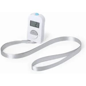 A digital measuring tape with a white casing and a silver ribbon. It features a blue button and a display screen.