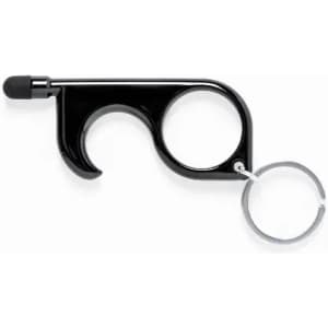 A black touchless tool featuring two grip holes and a keychain attachment for contactless interactions.