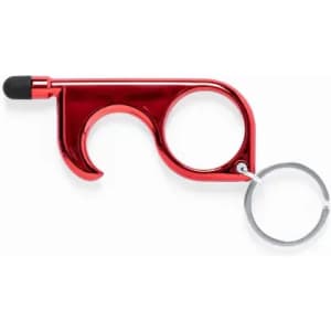 A red touchless door opener tool with a keyring attachment and a rounded handle, featuring a black rubber tip.