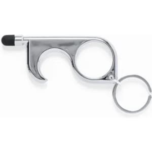 A metal touch tool in silver, featuring a stylus tip and a keyring attachment for easy carrying.