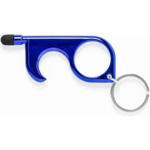 A blue keychain tool with a stylus tip and a hook shape for easy carrying. Includes a keyring attachment.