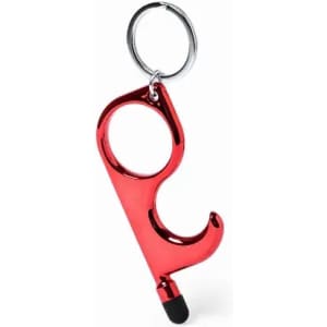 A red keychain tool with a loop and a hook shape, featuring a black rubber tip at the end.