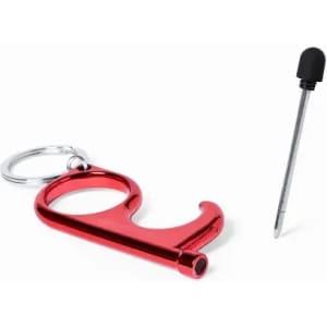A red keychain tool with a hook design next to a metal stylus tip.