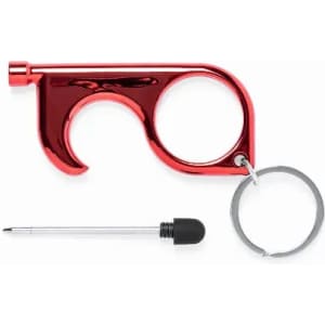 A red contactless key tool with a keyring and a stylus. It has a sleek, shiny finish.