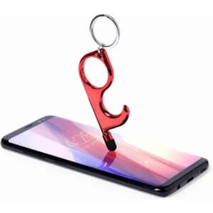 A red keychain tool with a loop hangs over a smartphone screen, designed to prevent touch.