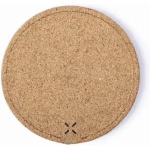 A round cork coaster with a natural brown finish and a stitched edge. It has a small decorative cutout detail.
