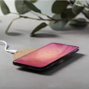 A smartphone with a pink screen is wirelessly charging on a circular cork pad, surrounded by green foliage.