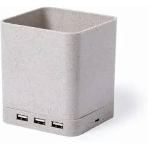 A grey rectangular container with three USB ports at the base and a smooth, textured surface.