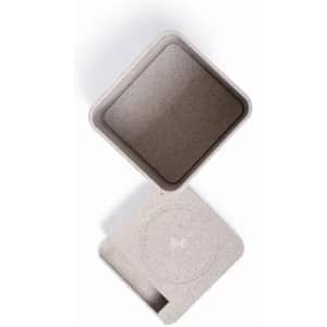 A square container in a light beige colour, featuring a matching lid with a circular design.