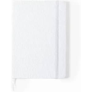 A white notebook with a textured cover, featuring a ribbon marker and an elastic band for closure.