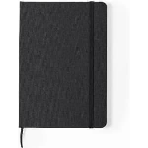 A black notebook with a textured cover, featuring an elastic band closure and a ribbon bookmark.
