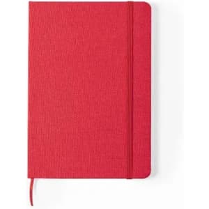 A red notebook with a textured cover, featuring a bookmark ribbon and an elastic band.