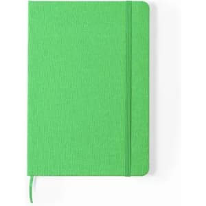 A green notebook with a textured cover, featuring an elastic band and a ribbon bookmark.