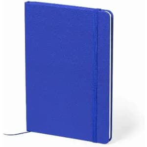 A notebook with a blue textured cover, featuring a ribbon bookmark and white pages inside. It has a logo on the front.