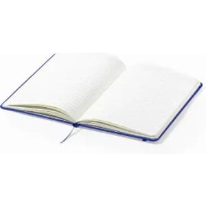 An open notebook with a blue cover and blank white pages, featuring a ribbon bookmark.