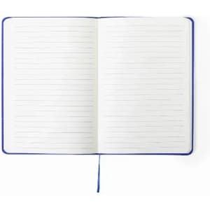 A blank notebook with lined pages and a blue cover, featuring a ribbon bookmark.