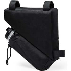 A drink bottle housed in a triangular black carrying pouch with straps. The bottle has a black cap and a white body.
