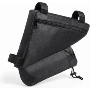A black bike frame bag with zippers and straps for securing to a bicycle.