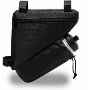 A drink bottle in a black triangular fabric carrier with zippers and adjustable straps.