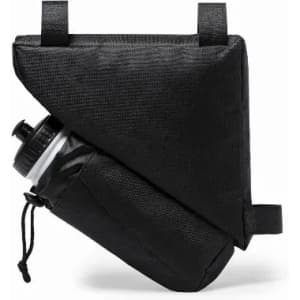 A drink bottle in a black fabric holder, featuring a secured cap and adjustable straps. The holder has a logo.