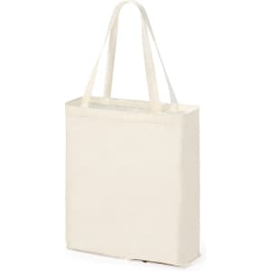 A tote bag in a neutral cream colour with long handles and a simple design. Features a blank surface suitable for customisation.
