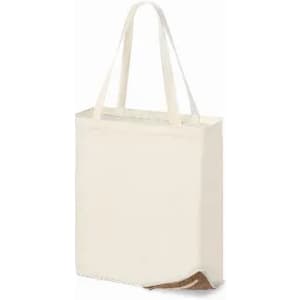 A tote bag in cream with two handles and a textured base, featuring a logo on one side.