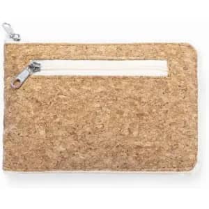 A cork wallet featuring a zippered compartment and a smooth white lining. The exterior is made of natural cork material.