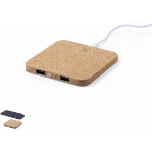 A cork-textured charging pad with two USB ports, featuring a simple, square design.