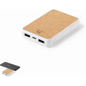 A power bank with a cork top and white body, featuring two USB ports and wireless charging capability.