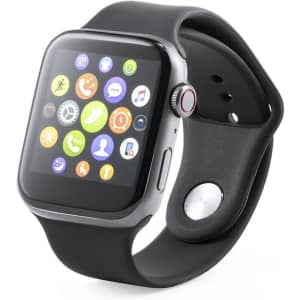 A smartwatch with a square face featuring various app icons, set on a black silicone strap. It has a metallic frame.