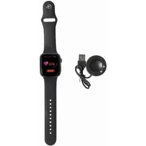 A smartwatch with a black strap and a charging dock, featuring a screen displaying heart rate information.