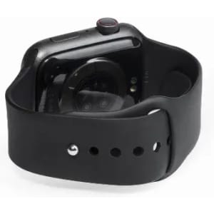 A smartwatch with a black strap and circular display, featuring a sleek modern design. It has a logo on the strap.