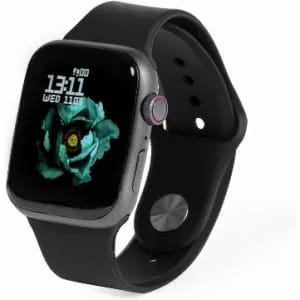 A smartwatch with a black strap, featuring a floral watch face displaying the time and date. The device has a sleek design.
