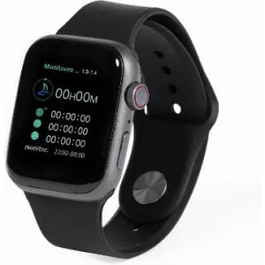 A smartwatch with a square display, black strap, and a silver button on the side, featuring an app interface.