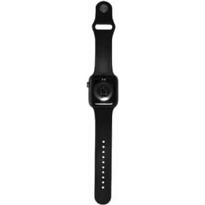 A watch with a black strap and a rectangular face, featuring a circular display and a side button.