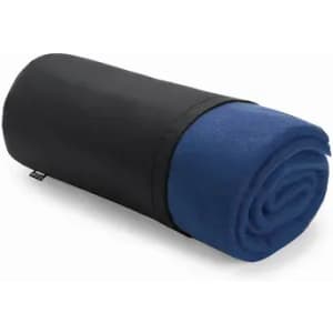 A rolled-up blanket featuring a black outer sleeve and a blue fabric interior, with a visible logo.