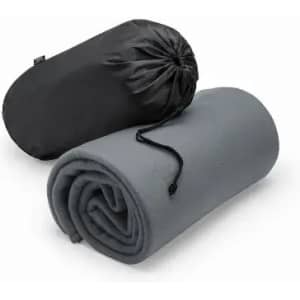 A grey fleece blanket rolled up with a black carry pouch. The blanket features a drawstring closure.