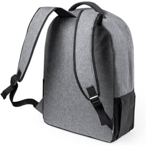A backpack in grey with black accents, featuring adjustable straps and a sleek design. It includes a branding logo.