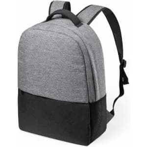 A backpack in grey fabric with a black bottom, featuring two shoulder straps and a sleek design.