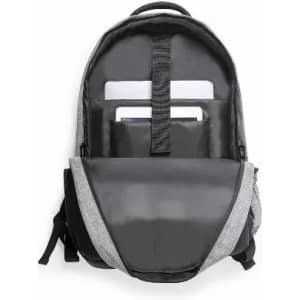 A grey backpack with a black front pocket, featuring multiple compartments for holding a laptop and documents.