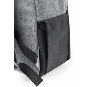 A backpack featuring a grey and black design, highlighting a side pocket and adjustable straps.